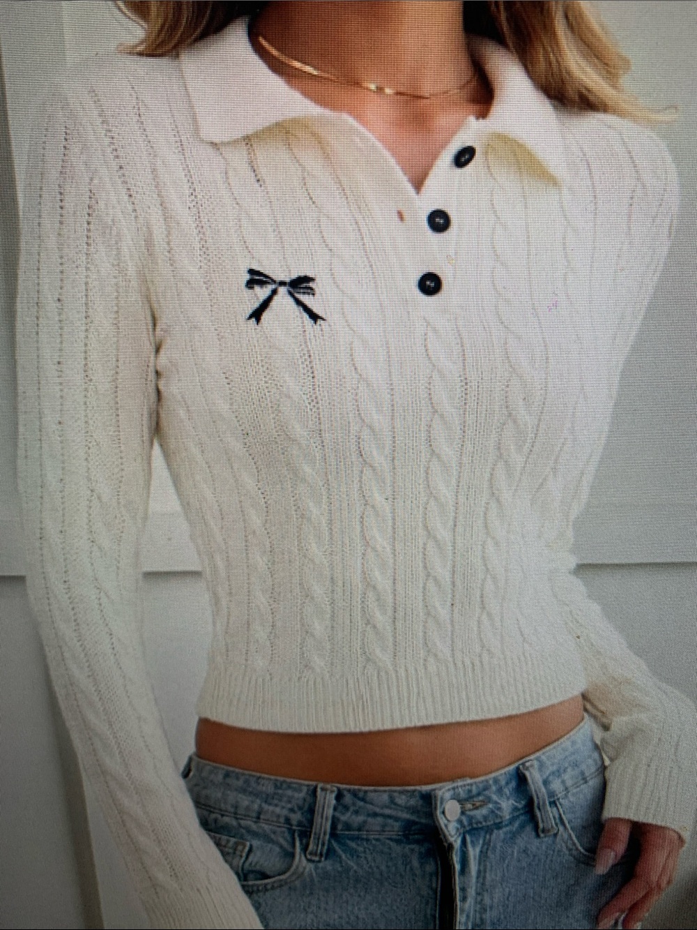 Women's Cream Cable Knit Polo Sweater - Picture 2 of 5